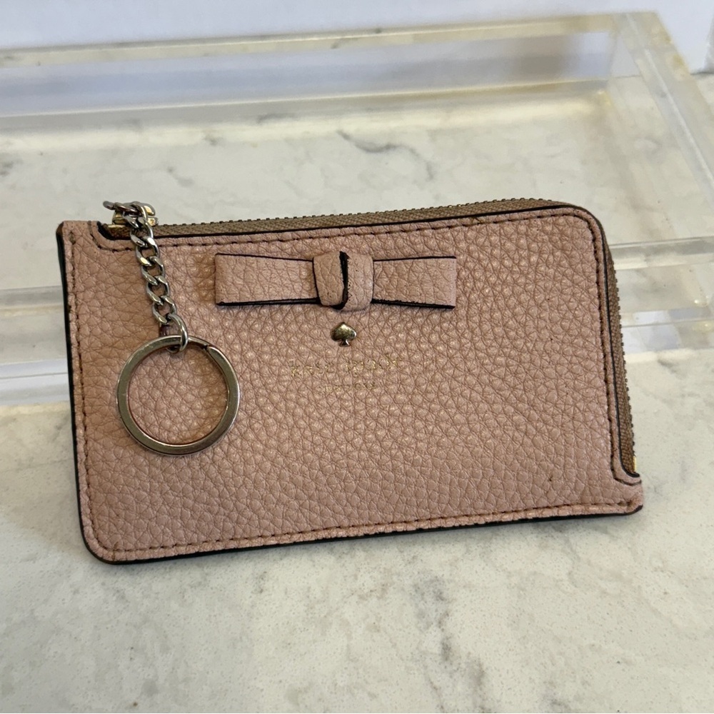 Kate Spade Pebble Leather Bow Zipper Keychain Wallet Light Pink